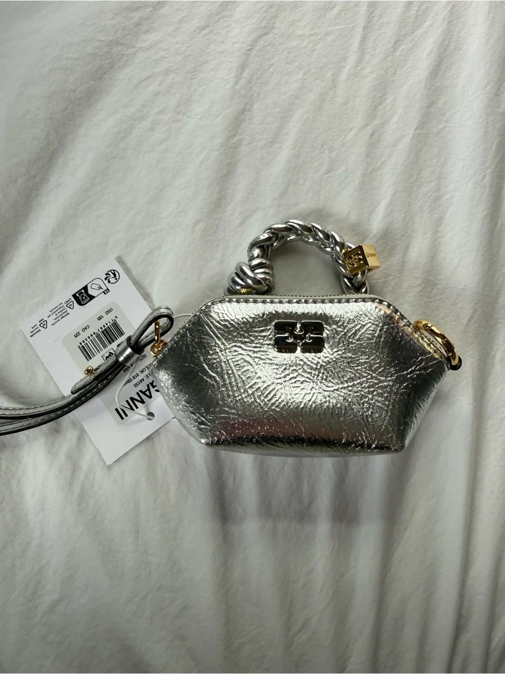 Ganni Metallic Silver Mini Braided-Handle Bag - Picture 3 of 3